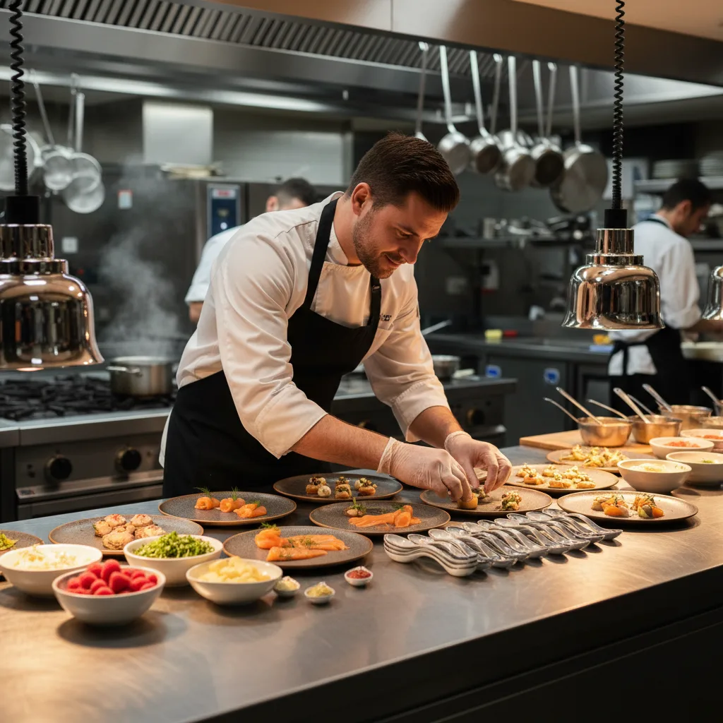 Chef traiteur en cuisine préparant des plats frais pour un événement en Charente