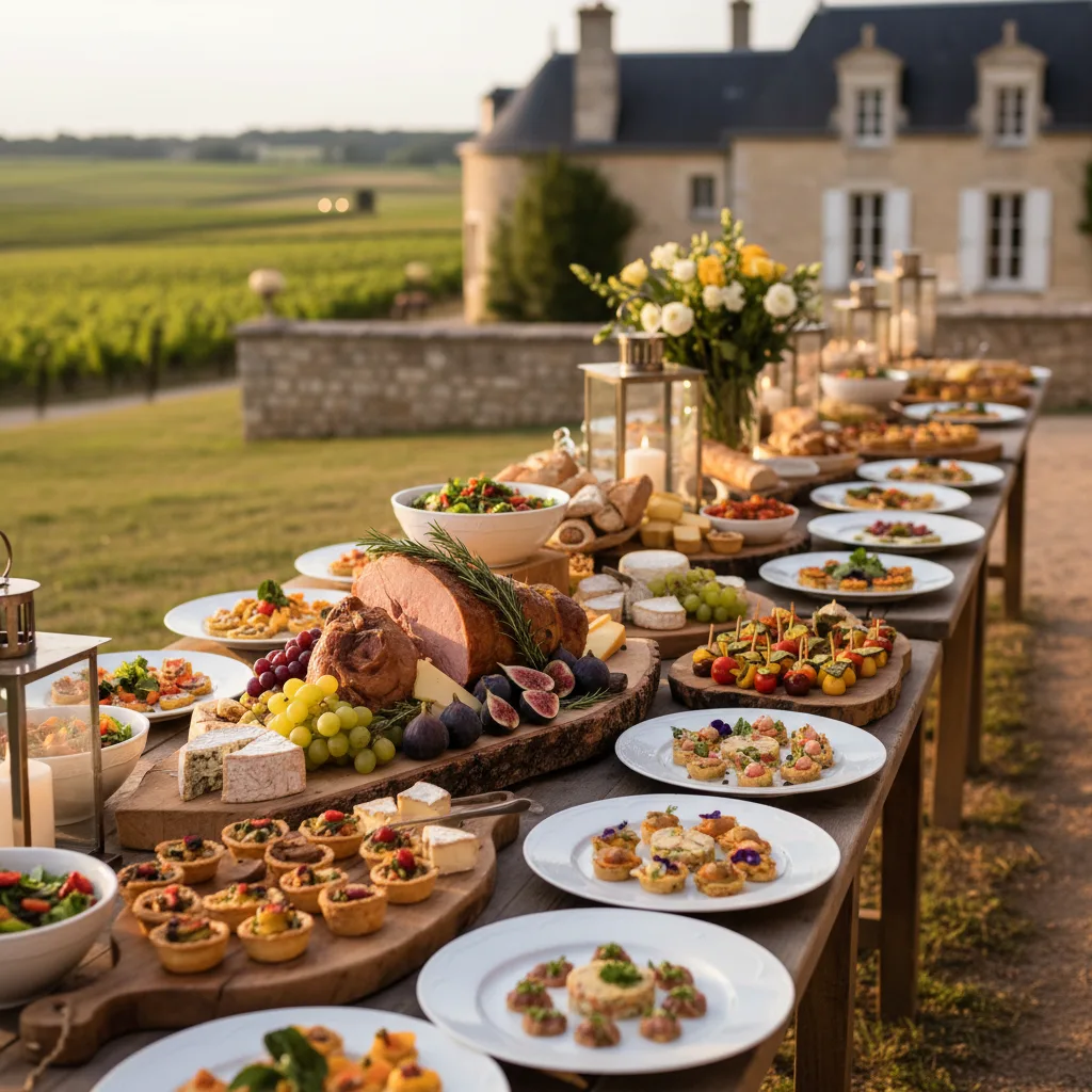 Buffet de mariage avec mise en place élégante en Charente