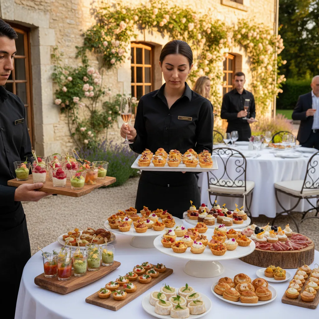 Cocktail dînatoire avec verrines et pièces servies en circulation