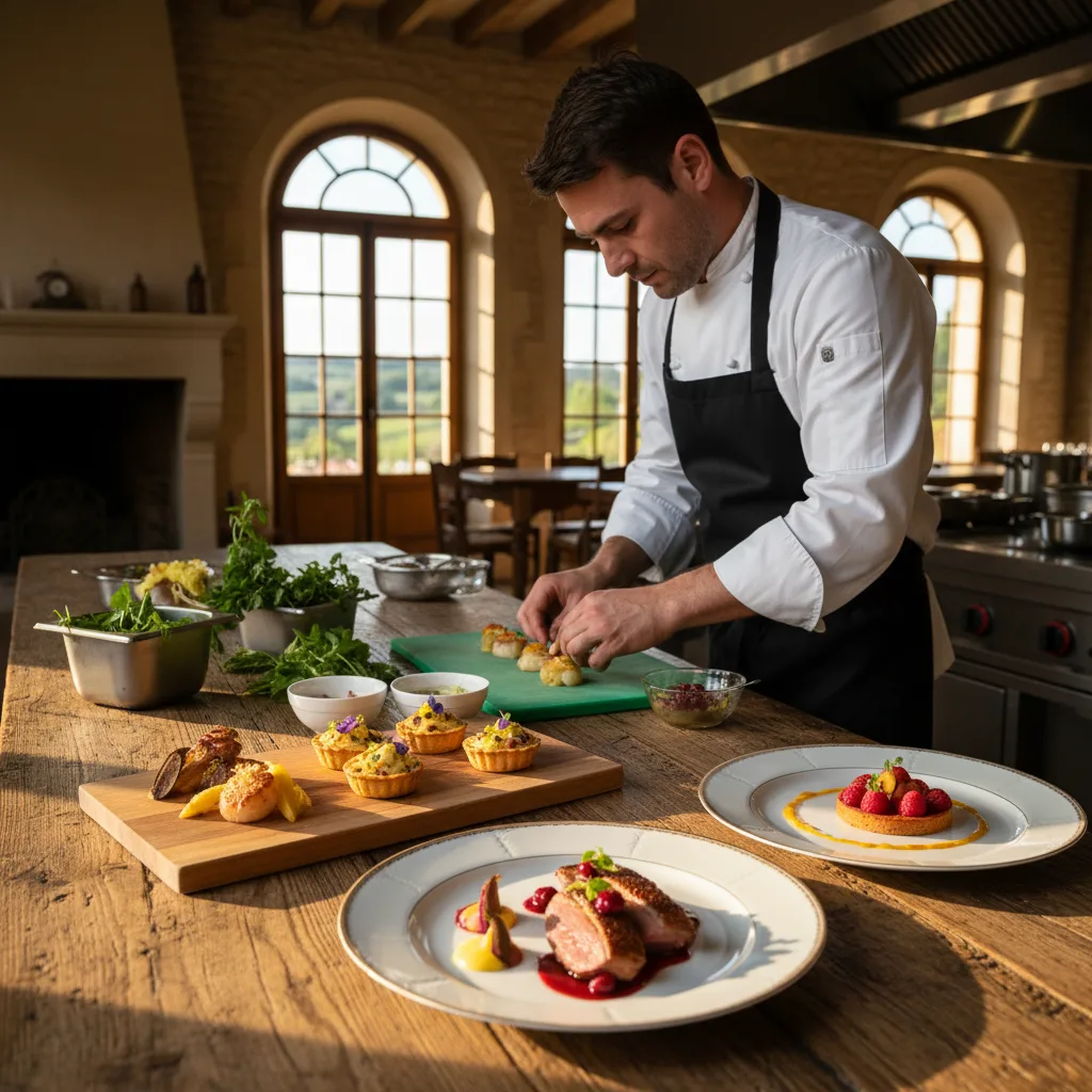 Chef traiteur en cuisine préparant un menu personnalisé